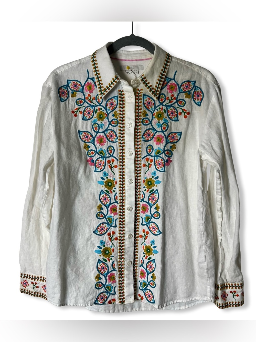 Boden Embroidered Linen Shirt Suzani Floral White Sz. 4P